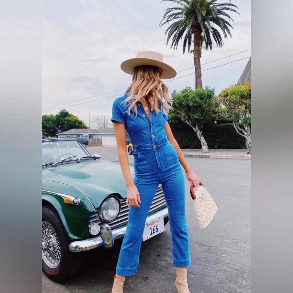 Show Me Your Mumu Denim Jumpsuit Medium Wash Short Sleeve Flare Leg Size M NWT